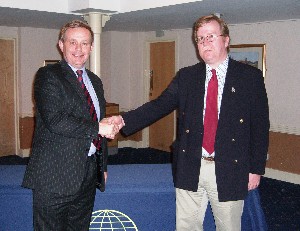 At the April meeting, Russell Searle (l), chapter president, thanks guest speaker Paul Mather, Counter Terrorism Science & Technology Centre, Defense, Science and Technology Laboratory, Porton Down.